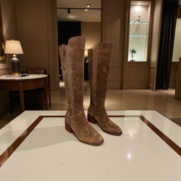 Steve Madden Brown Suede Knee High Boots 7M Stacked Heel Slip On Stretch Shaft - Picture 1 of 11